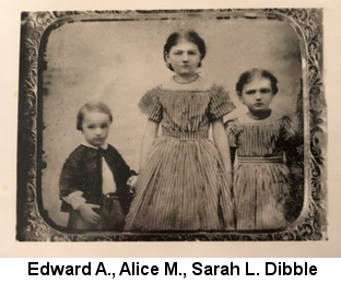 Sepia-tone photograph of three children, Edward A. Dibble (about age 4), Alice M. Dibble (about 6) and Sarah L. Dibble (about 8)